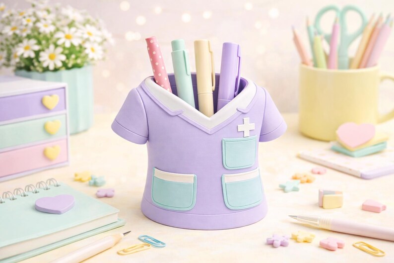 Peut inclure: Un organiseur de bureau en forme de blouse d'infirmi&egrave;re lilas contient des stylos et des marqueurs. Il pr&eacute;sente un col blanc, une croix et deux poches avec une bordure bleu clair. D'autres articles de papeterie et un petit arrangement floral sont en arri&egrave;re-plan.