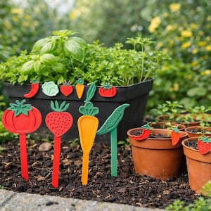Könnte beinhalten: Eine Sammlung farbenfroher Gartenmarkierungen in Form von Gemüse und Obst, darunter eine Tomate, eine Erdbeere und eine Karotte. Die Markierungen befinden sich in einem Gartenbeet mit Topfpflanzen und einem großen Pflanzkasten mit Kräutern.