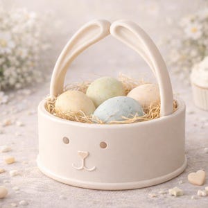 May include: A cream Easter basket with bunny ear handles, containing pastel eggs in straw. The basket features a bunny face design. A cupcake and decorations complete the Easter theme. Eggs are approximately 5 cm in diameter.
