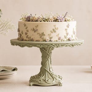 Pode incluir: Um bolo redondo branco-sujo decorado com delicados padrões de pequenas videiras florais roxas e verdes, coberto com uma coroa de flores secas, sobre um suporte de bolo verde-sálvia com um intrincado relevo em forma de videira.