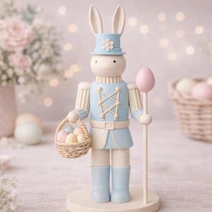 Può includere: Una statuina decorativa a forma di coniglietto pasquale in una combinazione di colori azzurro chiaro e crema. Il coniglietto indossa un cappello e tiene in mano un cestino di uova e un bastone a forma di uovo rosa. Sfondo sfocato con fiori e altre uova di Pasqua.
