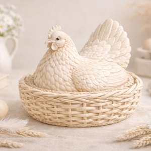 Pode incluir: Uma figura de galinha creme senta-se numa cesta tecida, com um design detalhado de penas. A galinha é rodeada por ovos, flores e um jarro branco, criando uma estética rústica de quinta.