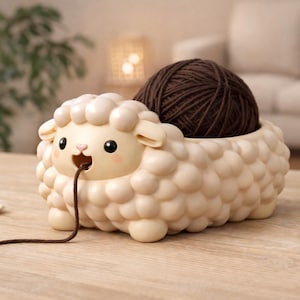 May include: A cream-colored sheep-shaped yarn holder with a brown yarn ball inside. The sheep has a smiling face and a strand of brown yarn coming from its mouth. The holder sits on a wooden surface, with knitting supplies in the background.