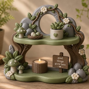 Op de afbeelding: Een decoratieve plank met twee niveaus in de vorm van een boom met groene planken, grijze stenen, witte bloemen en groene bladeren. Het bevat een kleine vetplant, een vogelnest met eieren, paddenstoelen, een waxinelichtje en een bordje met de tekst good things grow here.