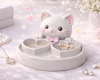 Kawaii Cat Jewelry Bowl – Heart Compartments, Ring Holder