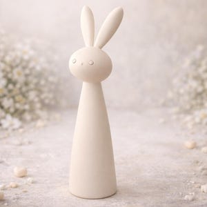 May include: A cream-colored bunny figurine with long ears and a conical body. The bunny is standing on a light-colored surface, surrounded by white flowers and egg-shaped decorations. The figurine is approximately 10 inches tall.