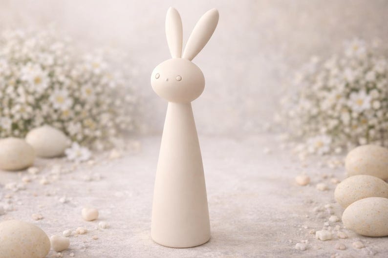 May include: A cream-colored bunny figurine with long ears and a conical body. The bunny is standing on a light-colored surface, surrounded by white flowers and egg-shaped decorations. The figurine is approximately 10 inches tall.