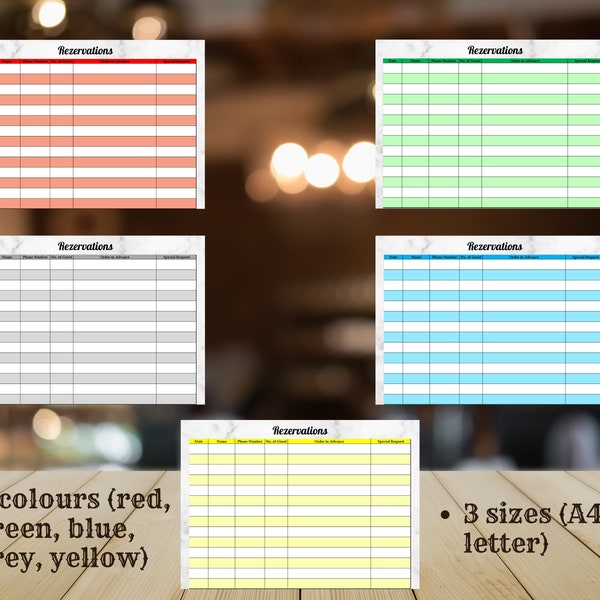 Reservations list, Digital download PDF printable, A4, A5, Letter , Table booking list, Restaurant reservations, 5 colours available