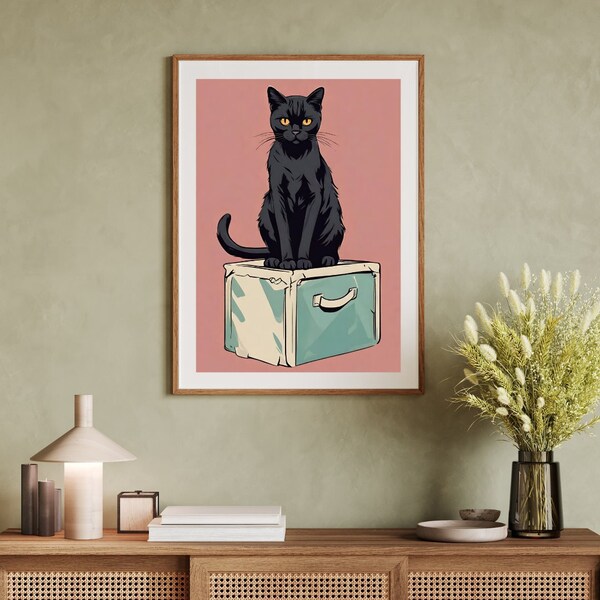 Black Cat Sitting On The Box Art, Minimalist Cat Wall Art. Home Decor Wall Poster.