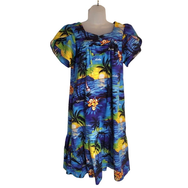 Vintage Made in Hawaii Aloha Tropical bright print Mumu dress Womens Size L