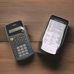 May include: A TI-30XA scientific calculator with its protective case, resting on a wooden surface. The calculator is dark gray with white and blue buttons. The case contains a printed reference sheet. The calculator's display shows a series of vertical lines.