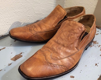 Vintage Stacy Adams Men's Burnished Tan Wrinkled Leather Wingtip Hipster Loafers Sz 10M