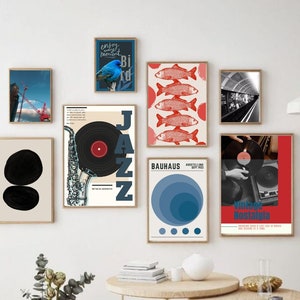 Conjunto imprimible para decoración de paredes de galería, decoración de pared roja, decoración de pared abstracta Bauhaus, 8 carteles imprimibles, paquete de pared de galería moderna