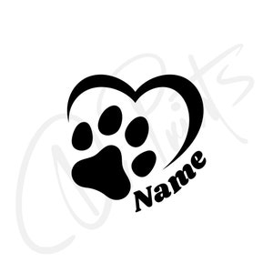 Op de afbeelding: Zwarte en witte silhouet van een poot afdruk in een hart met het woord "Naam" eronder.