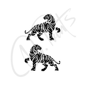 Könnte beinhalten: Zwei stilisierte Schwarzweißillustrationen von Tigern in stehender Position. Die Tiger sind nach links gerichtet und haben einen grimmigen Ausdruck.