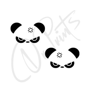 Könnte beinhalten: Zwei schwarz-weiße Pandabären-Gesichter mit wütendem Ausdruck. Jedes Gesicht hat einen schwarzen Stern auf der Stirn und schwarze Augen mit weißen Pupillen.