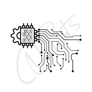 Könnte beinhalten: Schwarz-Weiß-Illustration eines Computerchips mit Binärcode und Leiterbahnlinien. Der Chip hat links eine zahnradartige Form. Der Binärcode lautet 10010, 00101, 11010 und 00101.
