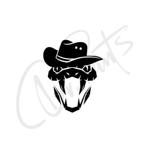 May include: Black and white illustration of a snake wearing a cowboy hat. The snake's fangs are visible and the hat has two small holes on the top.