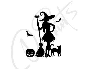 Witch Car Decal: Halloween Cat, Bat, Pumpkin Vinyl Sticker