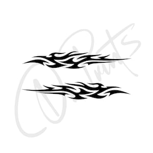 May include: Two black tribal flame decals arranged horizontally, one above the other. Each decal features sharp, elongated, and pointed edges that taper to thin ends, creating a stylized, flowing motion effect across the design.