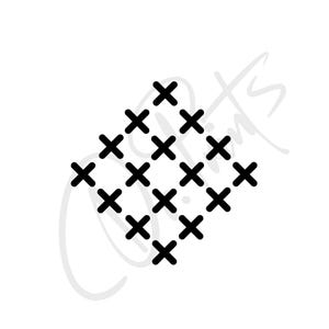 Könnte beinhalten: Weißer Hintergrund mit einem diagonal angeordneten Muster aus schwarzen Kreuzstichsymbolen. Die Kreuze sind gleichmäßig verteilt und erzeugen einen strukturierten Effekt. Das Bild hat ein minimalistisches Design.