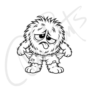 Op de afbeelding: Een zwart-wit lijntekening van een verdrietig, harig wezen met warrig haar en een uitgestoken tong. Het wezen draagt een versleten spijkerbroek met lege zakken die naar buiten zijn gekeerd, wat een blutte of berooide toestand weergeeft.