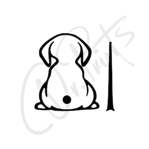Op de afbeelding: Zwart-witte lijntekening van een hond die met zijn rug naar de kijker zit en zijn staart omhoog steekt.