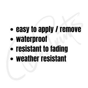May include: A list of features for a product, including easy to apply and remove, waterproof, resistant to fading, and weather resistant.