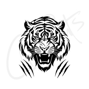 May include: Black and white illustration of a tiger's head with a fierce expression and sharp claws.
