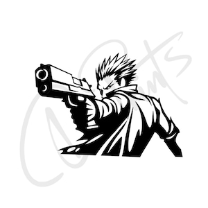 Peut inclure: Une illustration graphique en noir et blanc représentant un personnage stylisé aux cheveux en pointe, vu de dos, pointant une arme de poing vers l'avant. Le design présente des lignes audacieuses et contrastées.