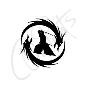 May include: Black and white silhouette of a samurai warrior holding a sword, standing in the centre of a circle formed by two dragons.