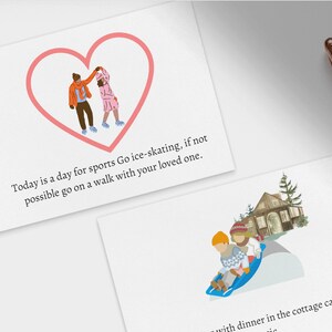 Puede incluir: Dos tarjetas de felicitación ilustradas con texto. Una tarjeta muestra una pareja dentro de un corazón rosa, con el texto: «Hoy es un día para hacer deporte. Ve a patinar sobre hielo, si no, da un paseo con tu ser querido». La otra tarjeta muestra una escena invernal.