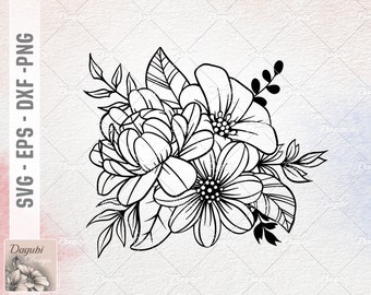 Pioenroos en wilde bloemen arrangement svg, Handgetekende SVG, Bloem en Bladeren, Png, Eps, Dxf, SVG Files voor Cricut en Silhouette,