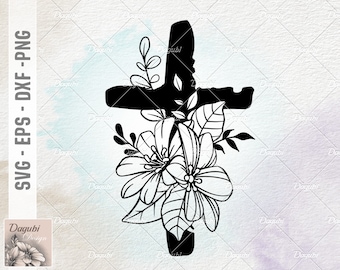 Easter Grunge Cross with Wild flowers arrangement svg Cut file, Flower Hand Drawn SVG, SVG Files for Cricut and Silhouette