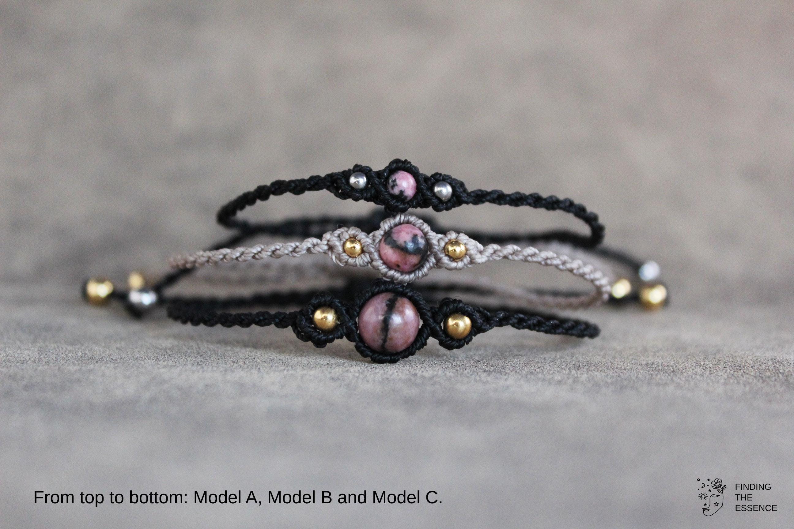 Bracelet Macramé Homme/Femme - Pierre Rhodonite, Acier Inox, Lithothérapie