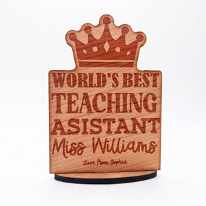 Wood Thank You World&#39;s Best Teacher Assistant Crown Keepsake Personalised Gift