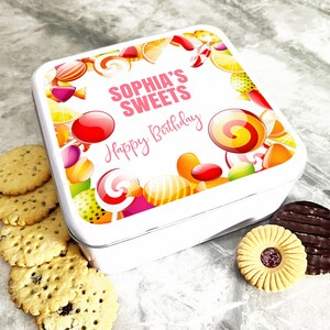 Square Sweets Frame Orange Pink Birthday Personalised Treat Tin