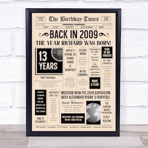 2009 Zeitung jedes Alter Jedes Jahr Sie wurden geboren Geburtstag Fakten personalisiert Geschenk Druck