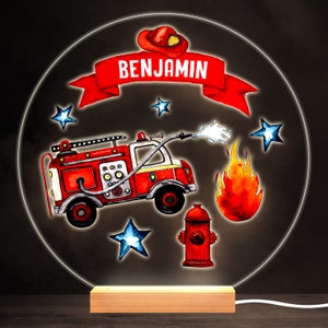 Fire Truck Firefighter Fireman Bright Round Personalised Gift Lamp Night Light | Personalised Gift | Bedroom Lamp | Personalised Light