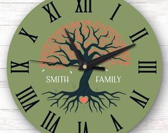 Family Tree Green Background Personalised Gift Personalised Clock