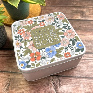 Square Vintage 70&#39;S Floral Peach Flowers Personalised Bits & Bobs Storage Tin