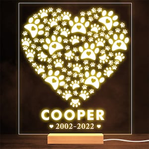 Paw Prints Pet Cat Dog Loss Memorial Dates Personalised Gift Lamp Night Light