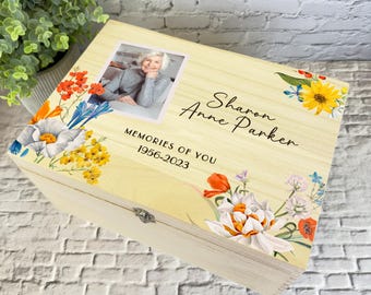 Watercolour Spring Photo Loving Memory Memorial Personalised Wooden Keepsake Box - Memory Storage Box - Memorial Wooden Memory Boxes