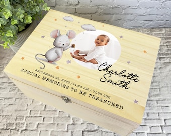 Watercolour Mouse Photo Special Memories Personalised Wooden Memory Keepsake Box - Memory Storage Box - Birthday Wooden Boxes