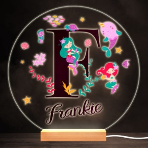 Sealife With Mermaids Alphabet Letter F Round Personalised Gift Lamp Night Light | Personalised Gift | Bedroom Lamp | Personalised Light