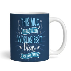 Ce mug appartient au meilleur cadeau du vicaire, bleu, café, thé, tasse, mug personnalisé, cadeau personnalisé