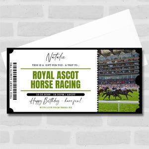 May include: A Royal Ascot Horse Racing ticket with a photo of the race and the date 12.03.2026. The ticket has the text "Happy Birthday - have fun!" and "With love from Emma XX". The ticket is black and white.