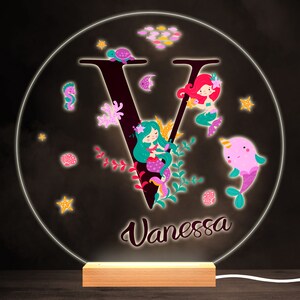 Sealife With Mermaids Alphabet Letter V Round Personalised Gift Lamp Night Light | Personalised Gift | Bedroom Lamp | Personalised Light