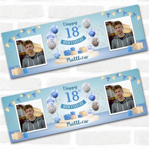 Bannière de fête personnalisée pour 18e anniversaire avec photo, cadeau ballon bleu pour homme | Décoration de fête, bannière d'événement. 3 x 1 pi | 4,5 x 1,5 pi | 6 x 2 pi