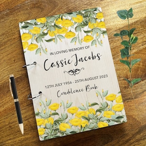 Bois, fleurs jaunes, condoléances, condoléances et condoléances, livre d'or | Livre de condoléances funéraires personnalisé | Livre de sympathie